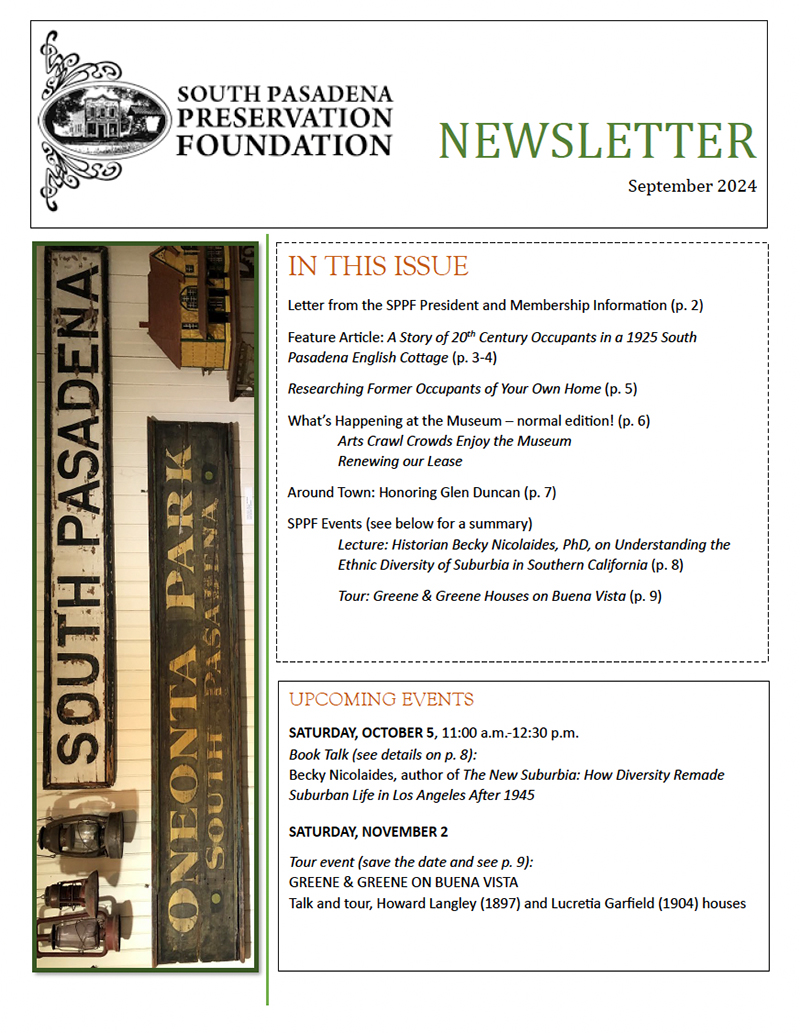 CLICK HERE for the complete PDF Fall 2024 Newsletter | South Pasadena Preservation Foundation, 'SPPF'